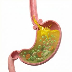 Image 1: An illustration showing undigested food in the stomach creating gas pressure that pushes the lower esophageal sphincter (LES) open.