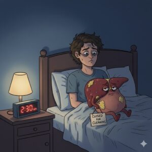 Image 2: An illustration of a tired person looking at a clock late at night under a desk lamp, with a small, exhausted liver character sitting next to them.