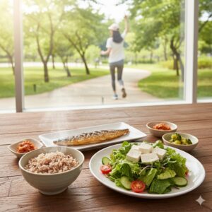 Image 3: A healthy lifestyle image showing a table with multi-grain rice, tofu, and fish, with a background view of someone going out for a walk in sneakers.