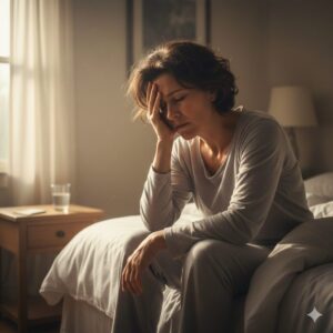 이미지 1 - A person sitting on the edge of a bed, holding their head due to a sudden dizzy spell in the morning.