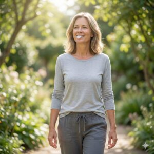 Image 3: A person walking comfortably in a garden while chewing gum after a meal, looking relaxed and pain-free.