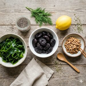 이미지 3 : 푸룬, 미역, 낫또 등 장 건강에 유익한 음식 재료들