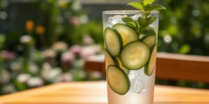 A refreshing glass of water with cucumber and mint on a wooden table.