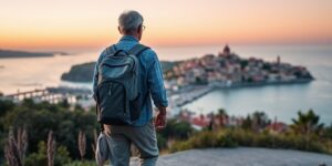 A senior traveler enjoying a scenic coastal view during a solo trip.