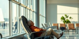 A serene senior traveler resting in a comfortable airport lounge chair.