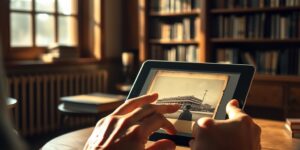 An elderly person digitizing an old family photograph using a tablet.