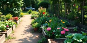 A beautiful, accessible community garden with raised beds designed for easy reach.