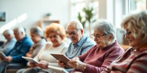 A diverse group of seniors learning technology in a community center classroom.