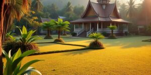 A peaceful Southeast Asian temple garden at sunrise.