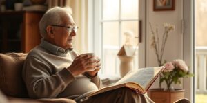 An older adult relaxing in a sunlit room with a book and tea.