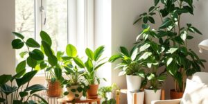 A peaceful, sunlit corner of a home filled with various indoor plants, representing a therapeutic gardening space.