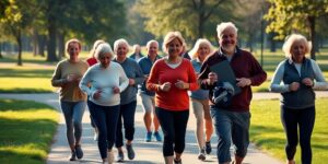 A group of older adults walking in a park for exercise.