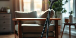 A modern cane resting against an armchair in a sunlit living room.