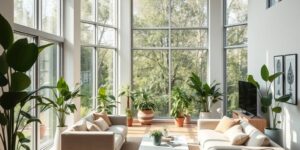 A bright, comfortable living room designed for healthy aging with good ventilation.