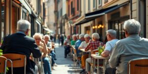 A group of seniors enjoying a meal at an accessible outdoor cafe.