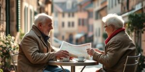 A senior couple planning their travel in a peaceful, sunlit European café setting.