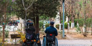 A scenic view of an accessible urban park designed for healthy aging.