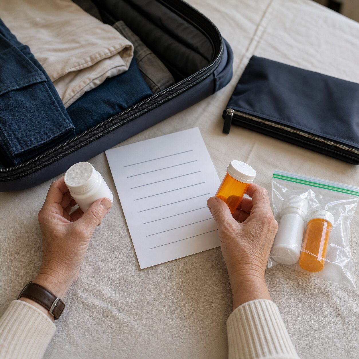 Organizing medicines and a medication list before travel