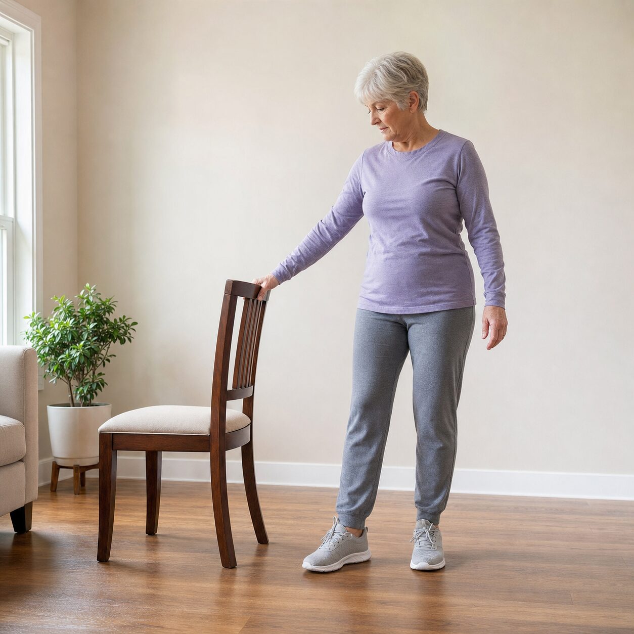 Older adult checking a sturdy chair and clear floor before exercise