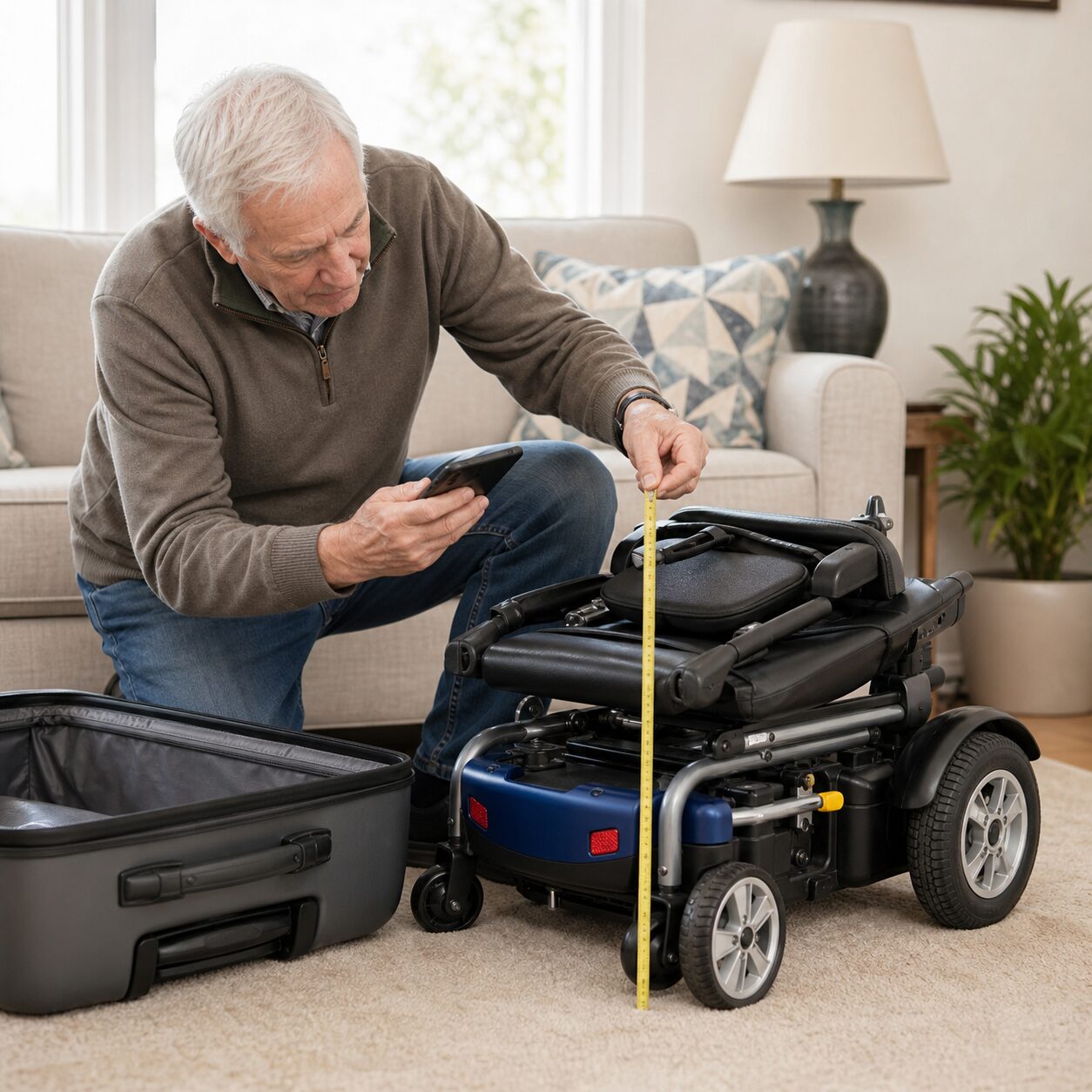Older traveller measuring a folded mobility scooter before flying