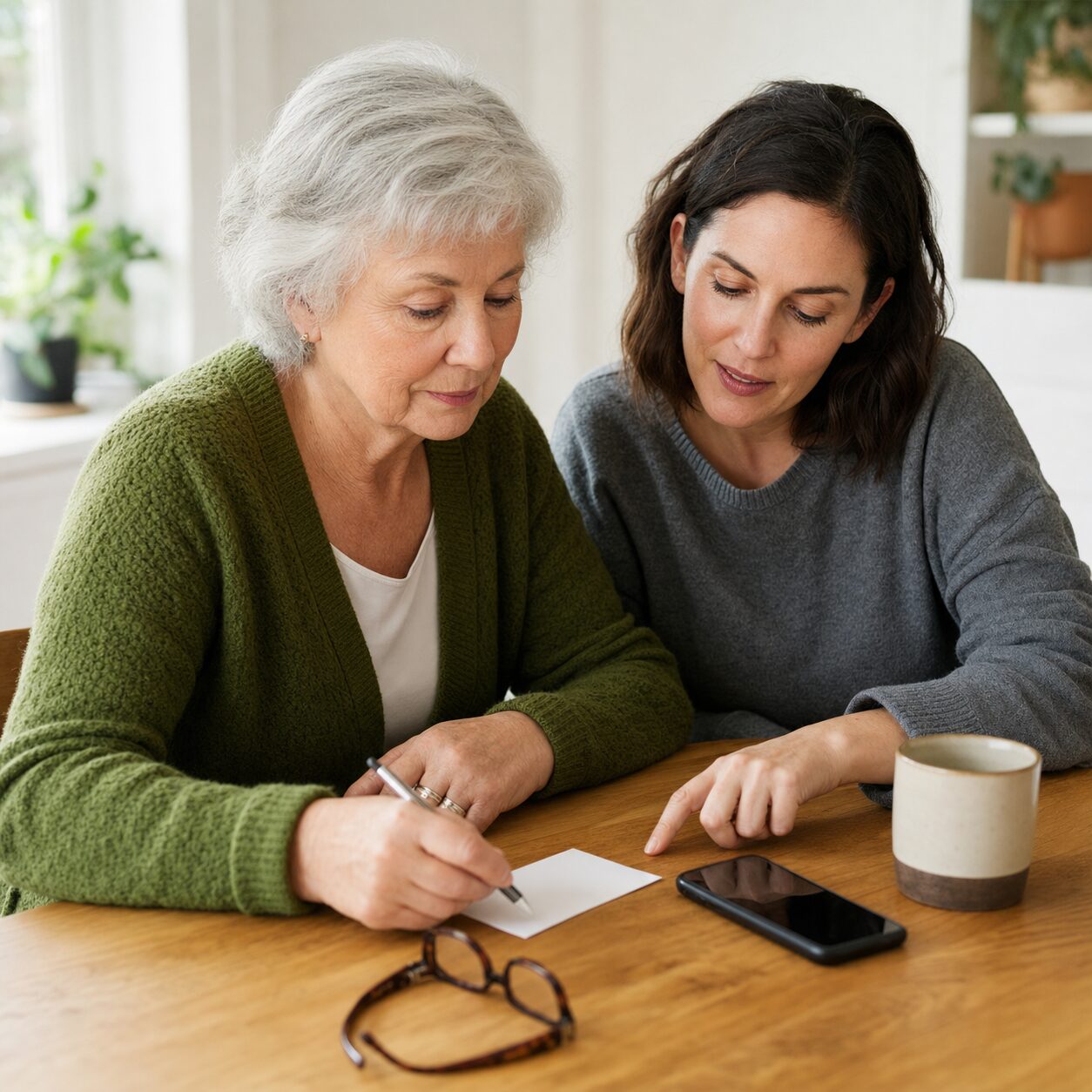 Older woman and adult daughter preparing emergency contacts together