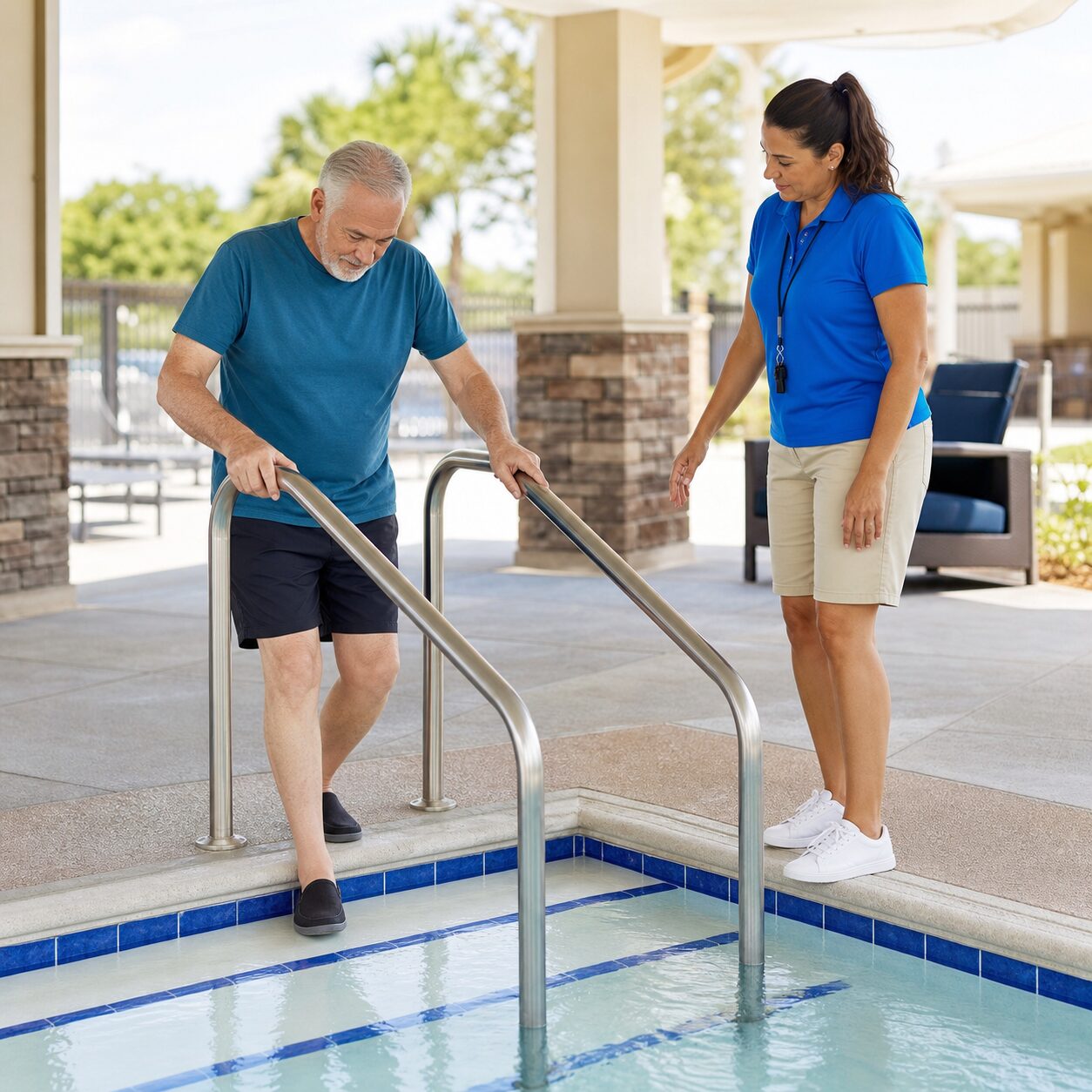 Older man checking pool handrails and shallow-entry steps