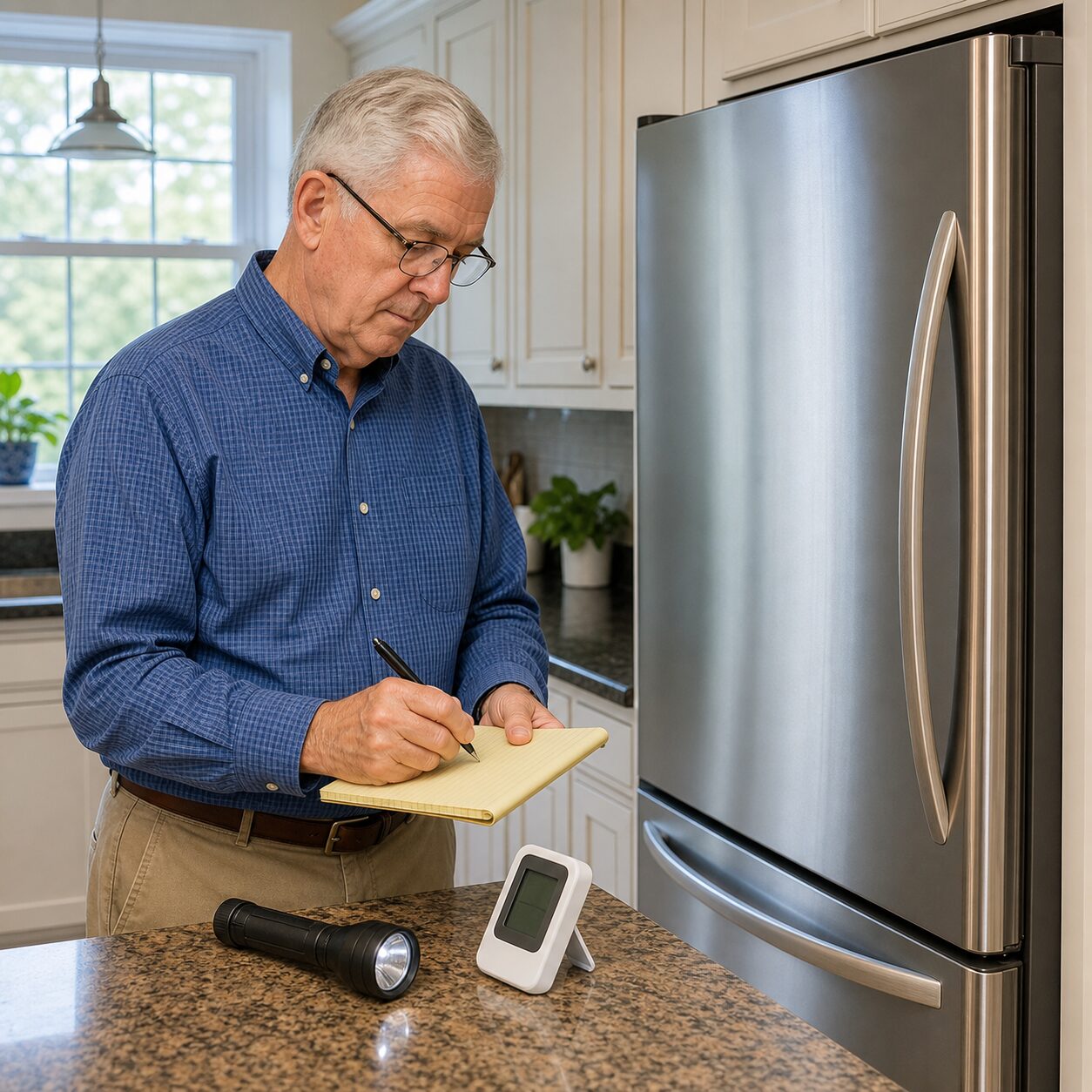 Older adult recording a power outage start time beside a closed refrigerator
