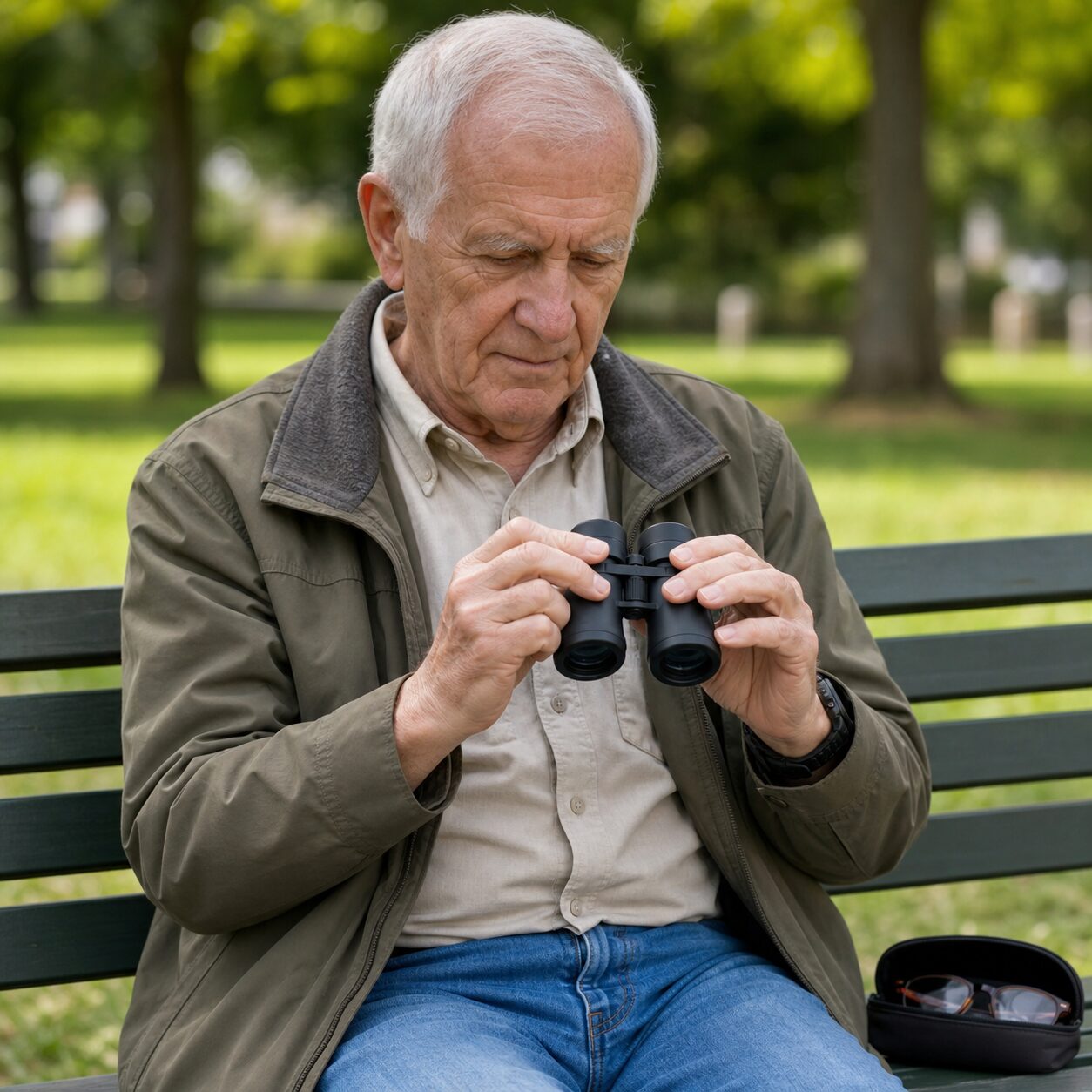 Older adult adjusting lightweight binoculars on a park bench