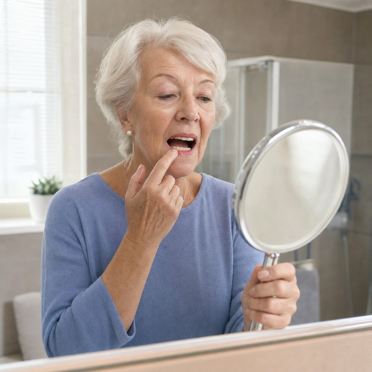 Older woman performing a gentle mouth check at home