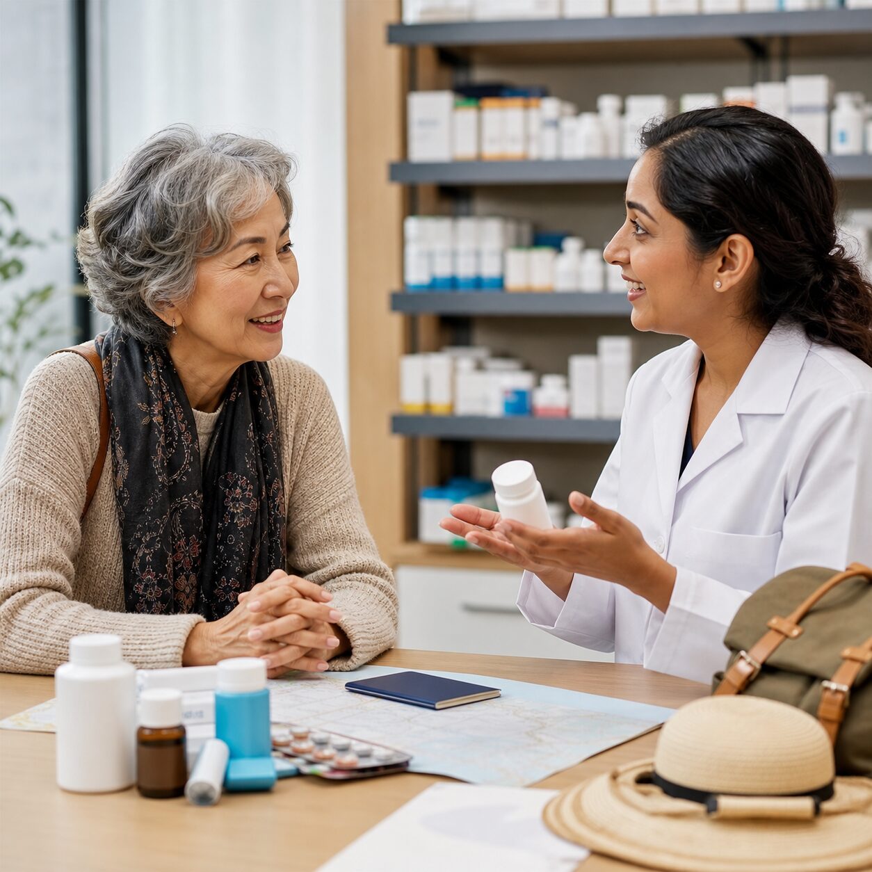 Older traveler discussing medicines with a pharmacist