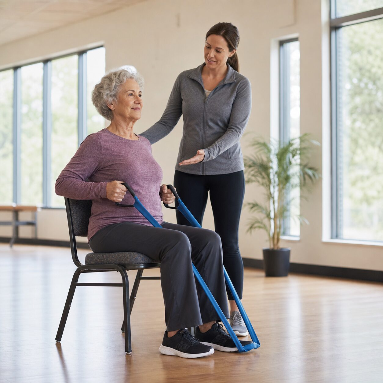 Older adult learning a seated resistance-band exercise with an instructor