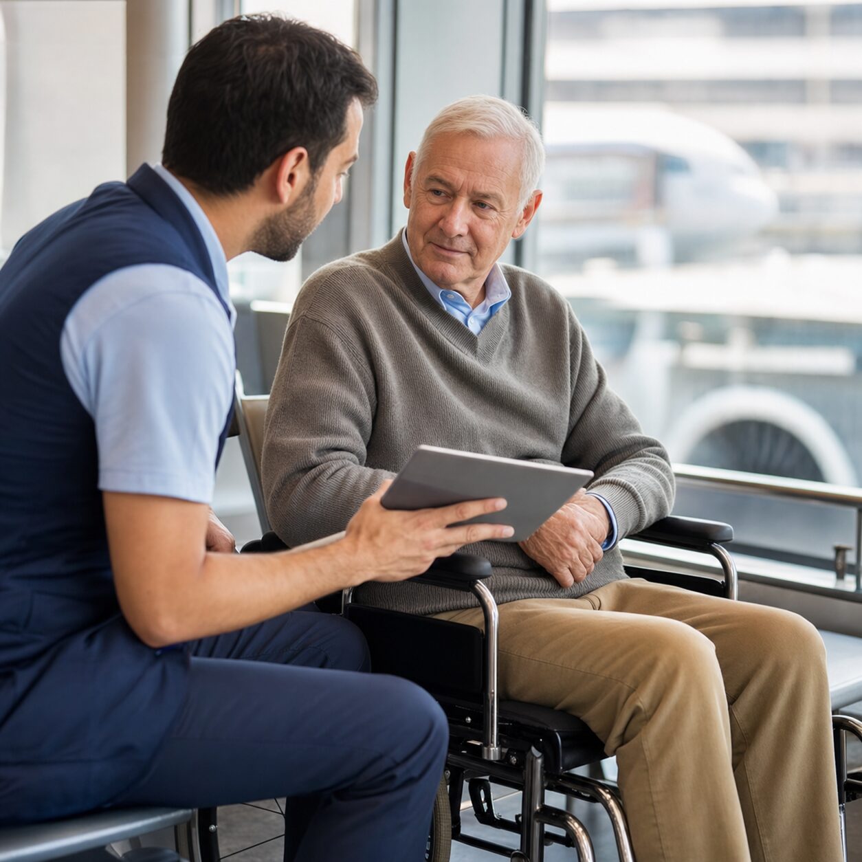 Airport worker discussing a transfer plan with an older wheelchair user