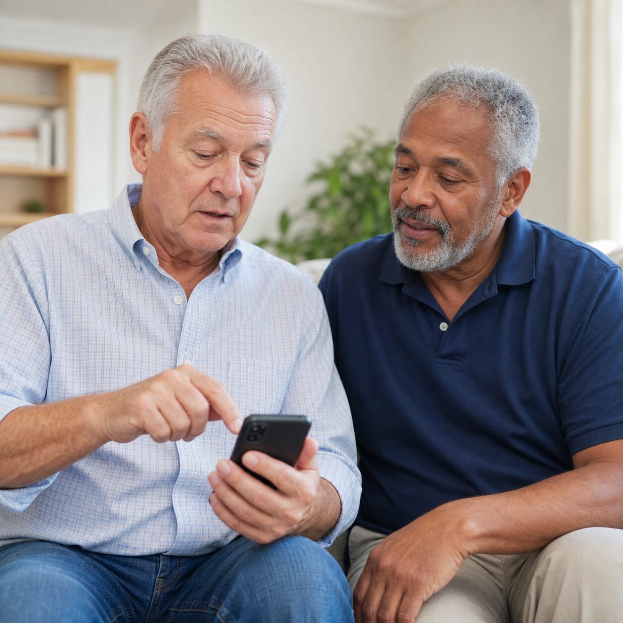 Older man practising a smartphone safety shortcut with a trusted friend