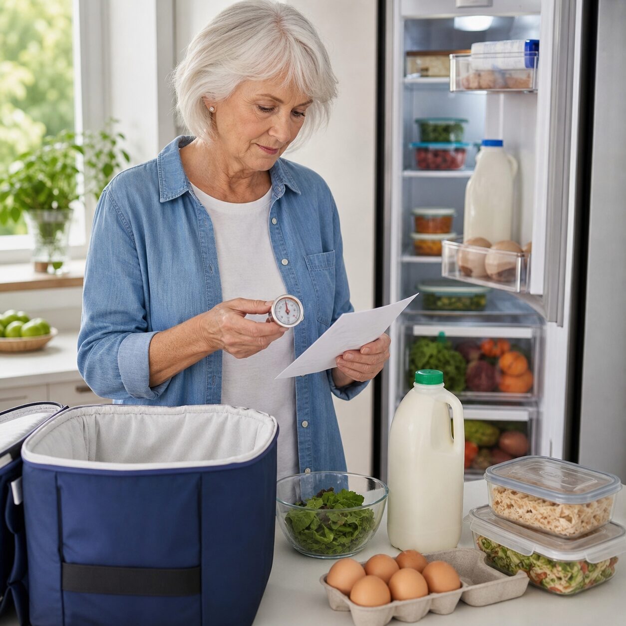 Older woman sorting refrigerated food with a thermometer and official checklist