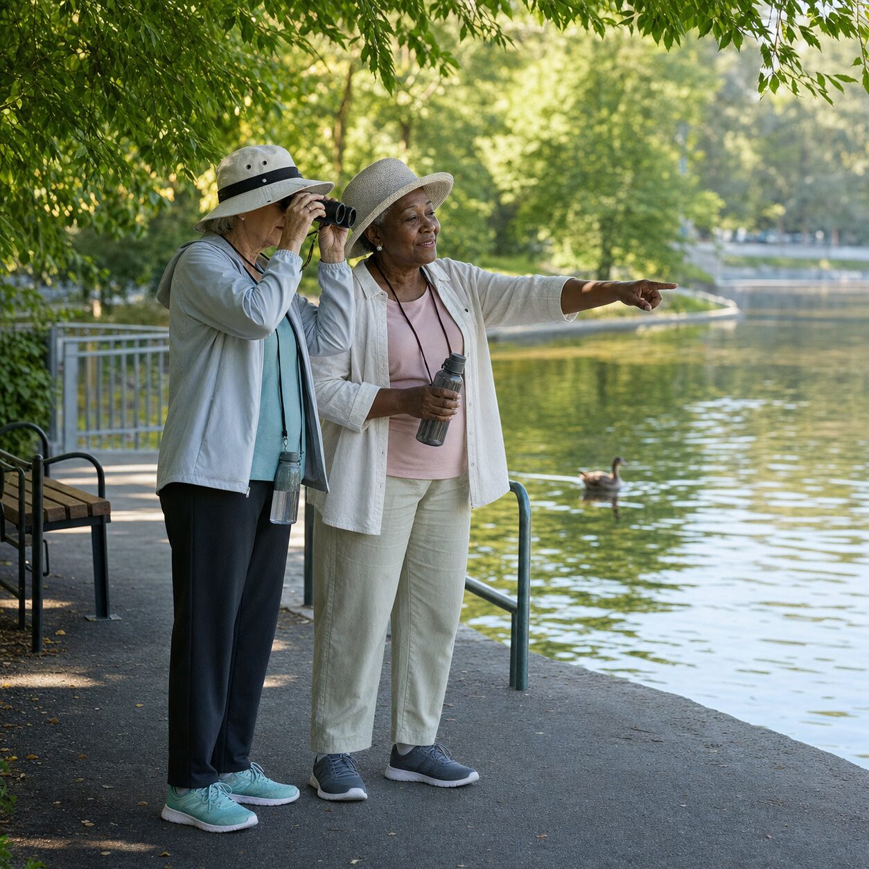 Older friends birdwatching beside a level pond path