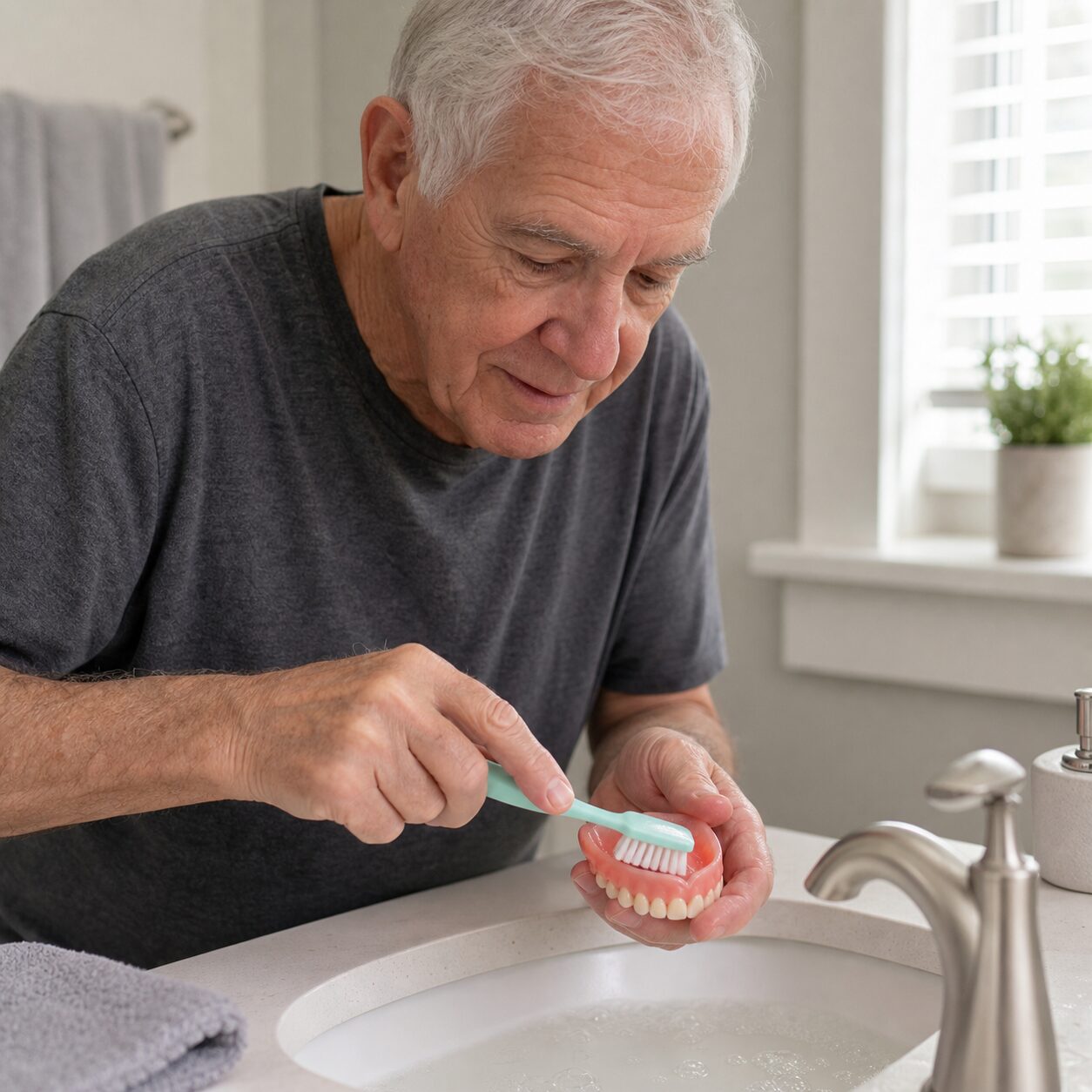 Older man cleaning dentures at a bright bathroom sink