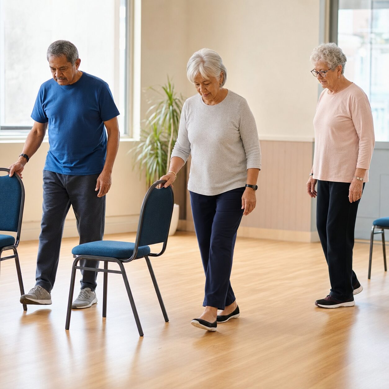 Older adults practising supported balance exercises together