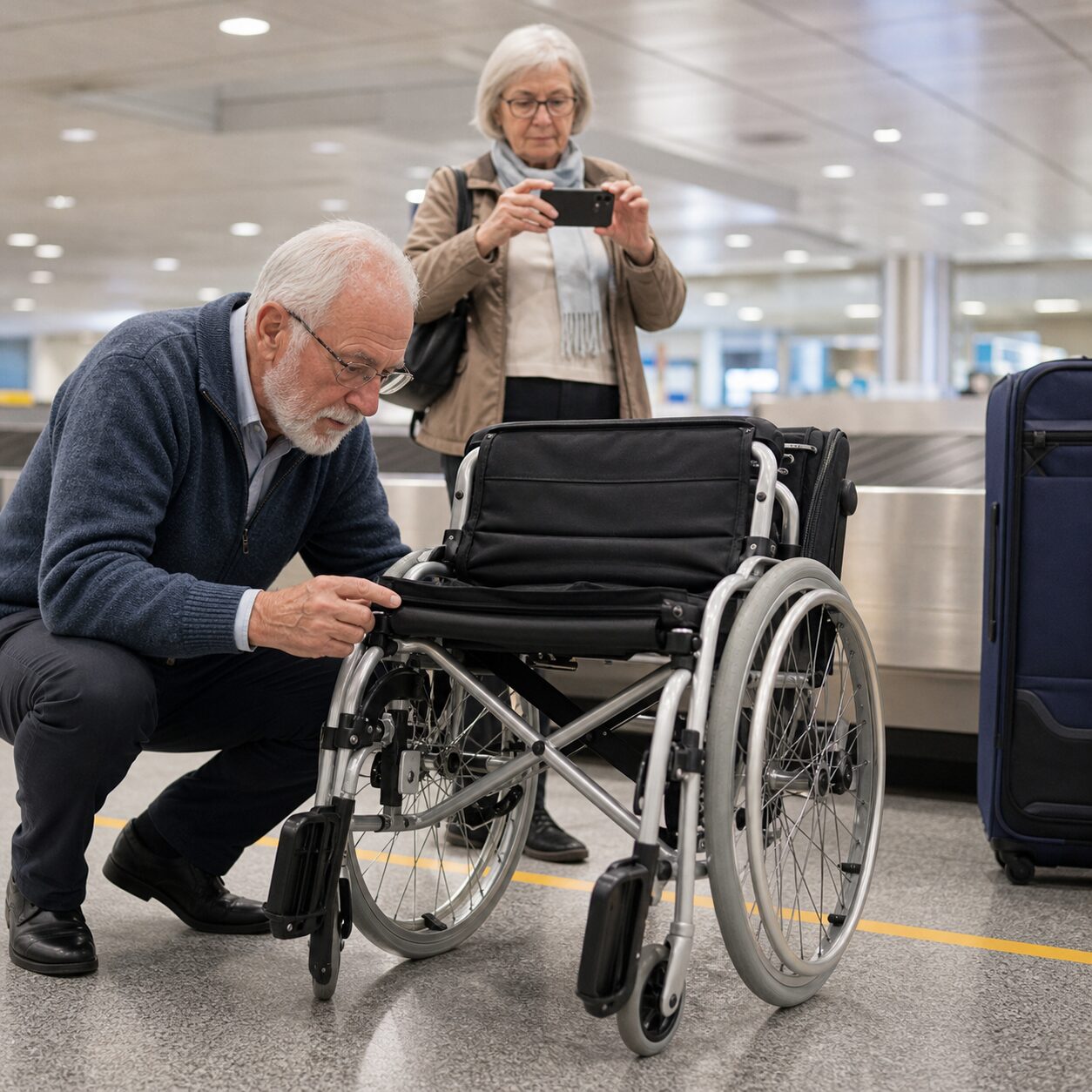 Older travellers inspecting a wheelchair after a flight