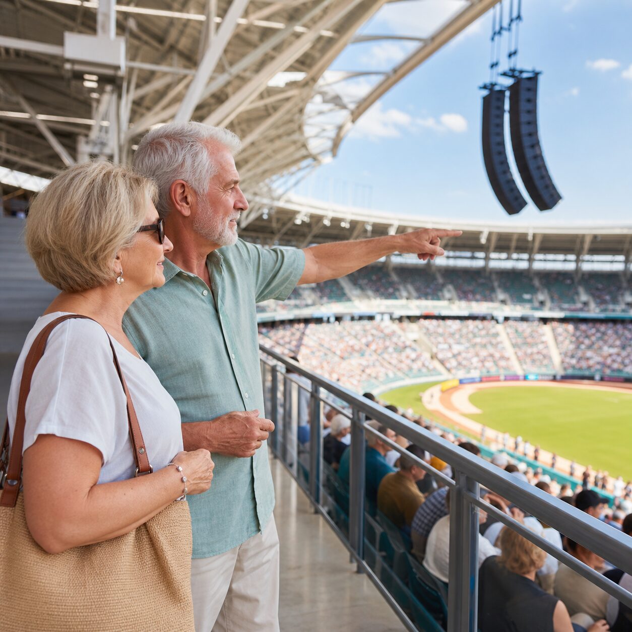 Older couple choosing a stadium area away from loudspeakers