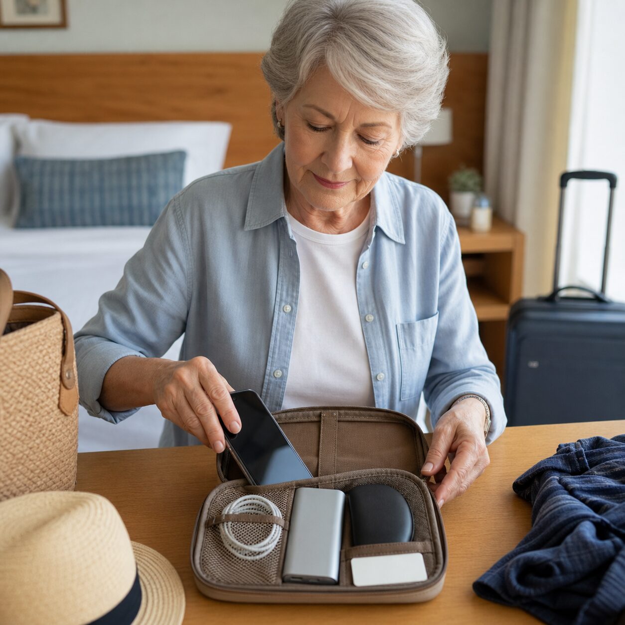 Older traveller packing a phone charger, power bank and emergency card