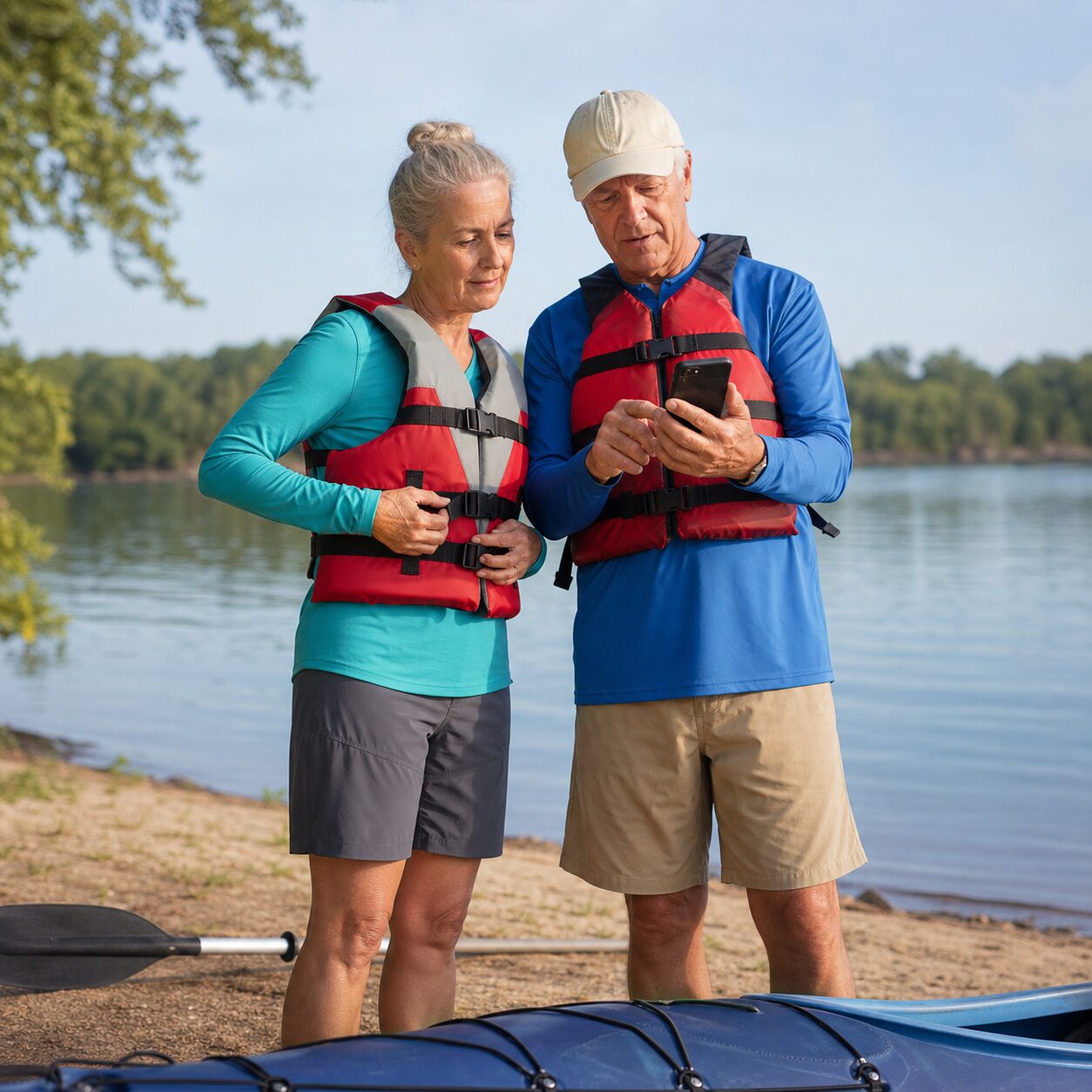 Older couple fastening life jackets before an open-water outing