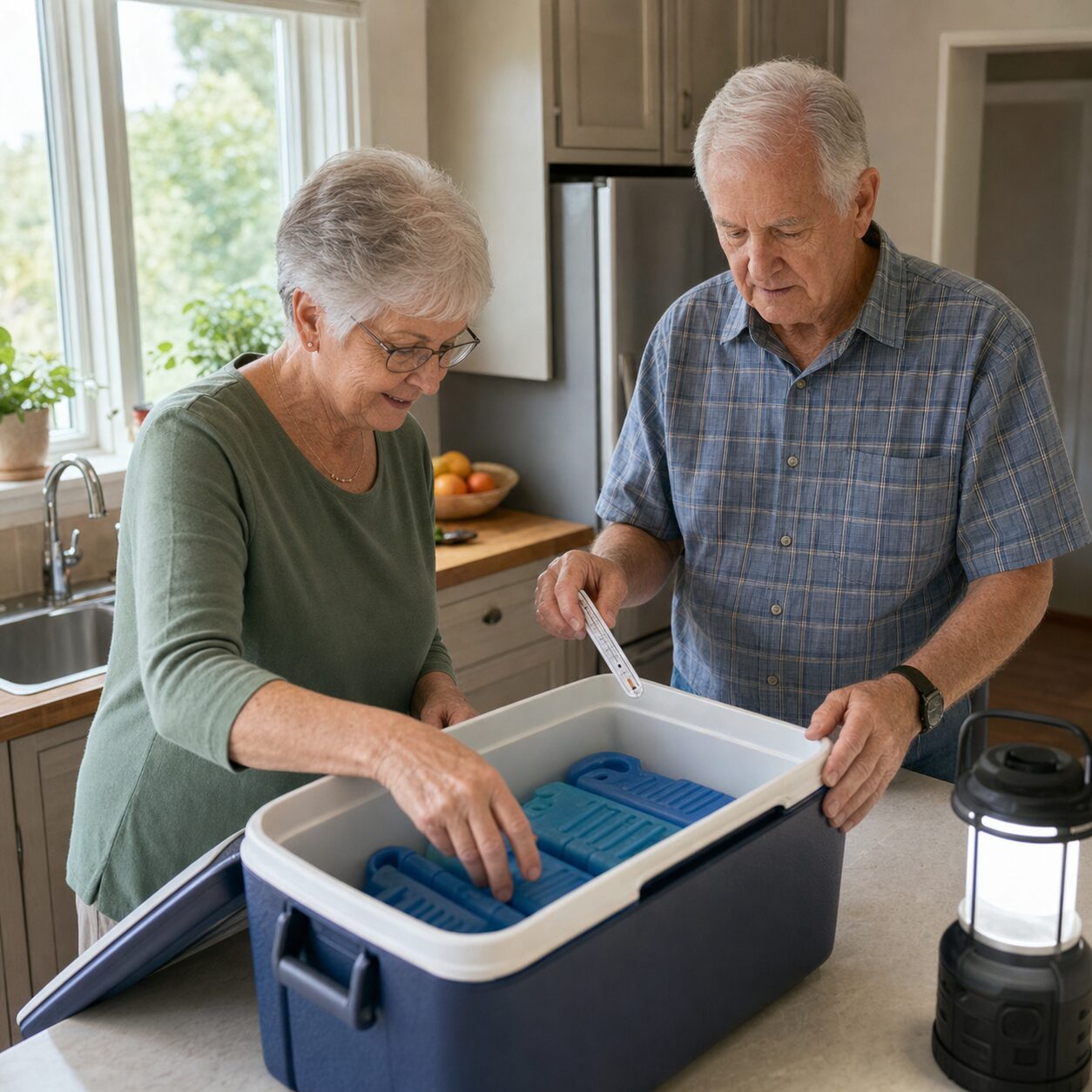 Older neighbours checking a cooler with ice packs during a power outage