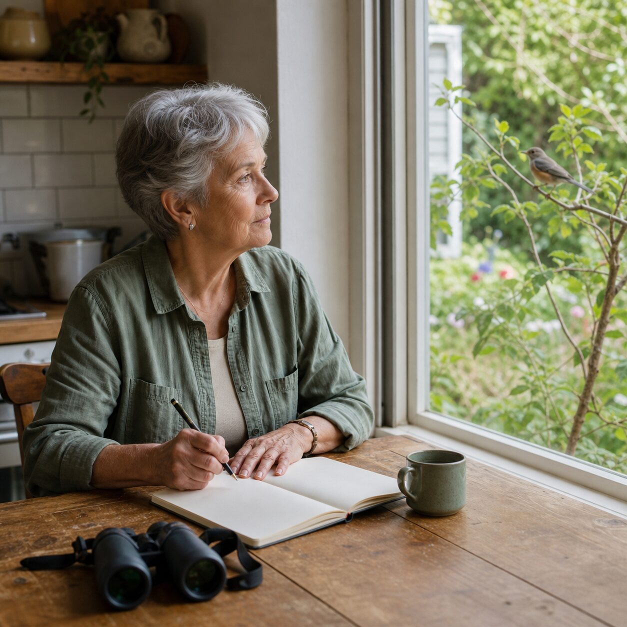 Older woman recording bird observations at home