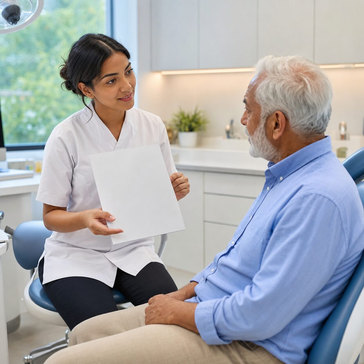 Dentist explaining a care plan to an older patient