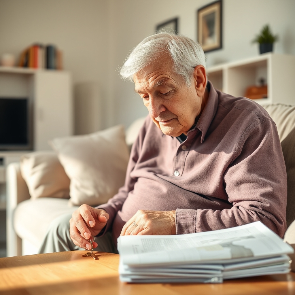 Image 1 - An older adult retracing their steps to locate misplaced keys in a tidy living room