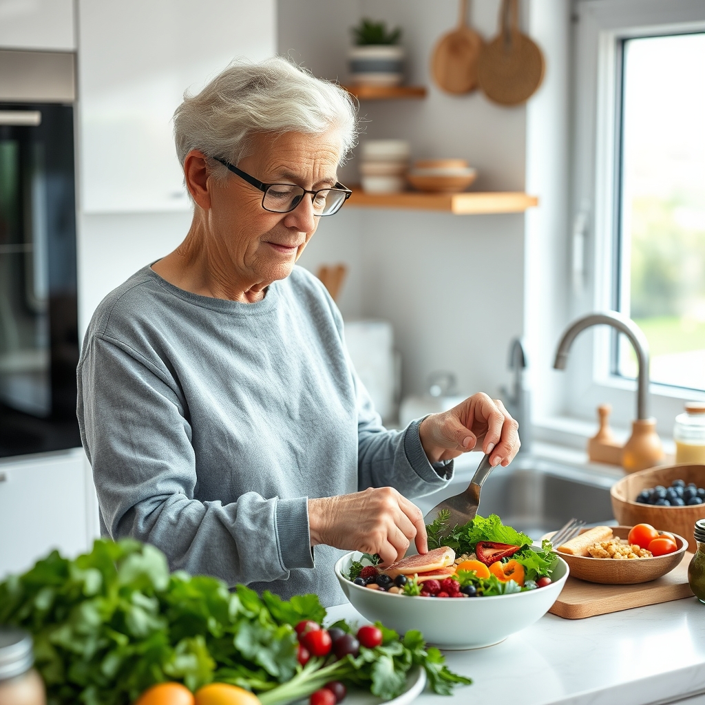 Image 2 - An achievable Mediterranean-style meal prepared in a bright home kitchen with vegetables, beans, whole grains, fish, berries, nuts, and oliv