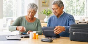 Older travelers preparing prescription medicines for an international trip