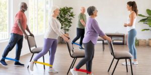 Older adults doing supported strength and balance exercises in a community studio