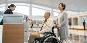 Older wheelchair user checking in for a flight with a companion