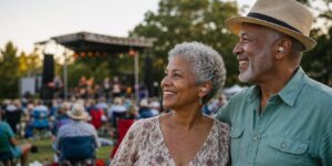 Older couple using hearing protection at an outdoor music festival